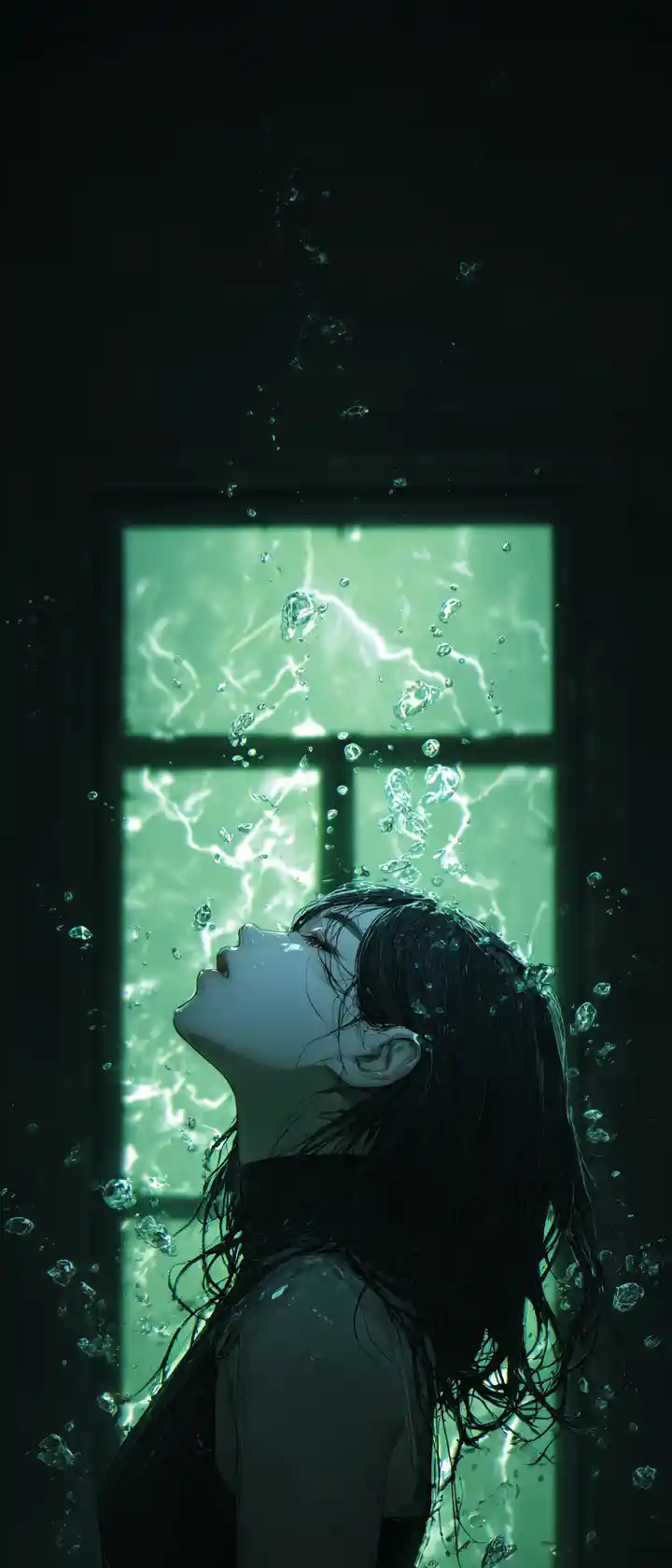 Despairing anime girl floating in a dark flooded room