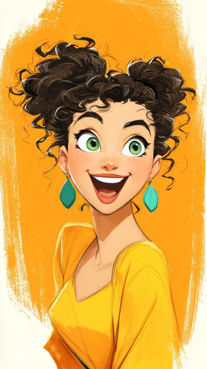 Smiling girl with green eyes in bright cartoon portrait