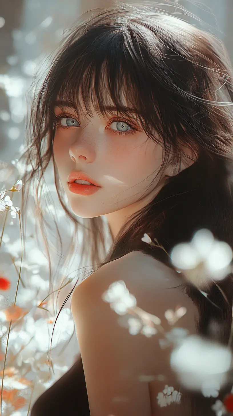 Anime girl portrait with flowers and shimmering light