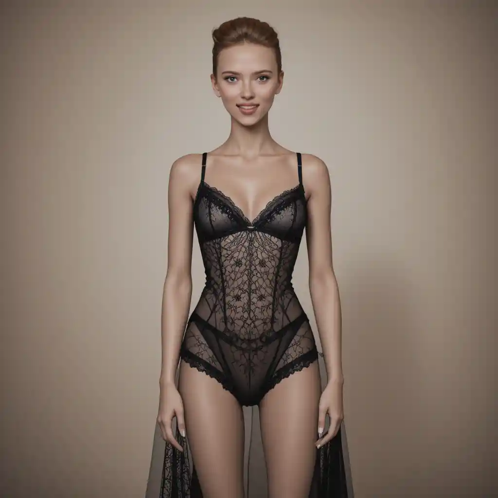 Elegante donna bionda in lingerie di pizzo nero e veste trasparente