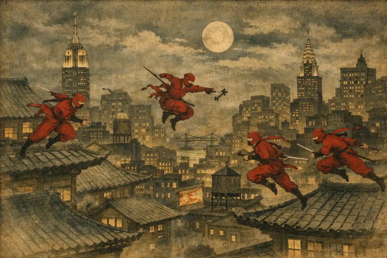 Rot gekleidete Ninjas, die nachts über die Dächer der Stadt springen