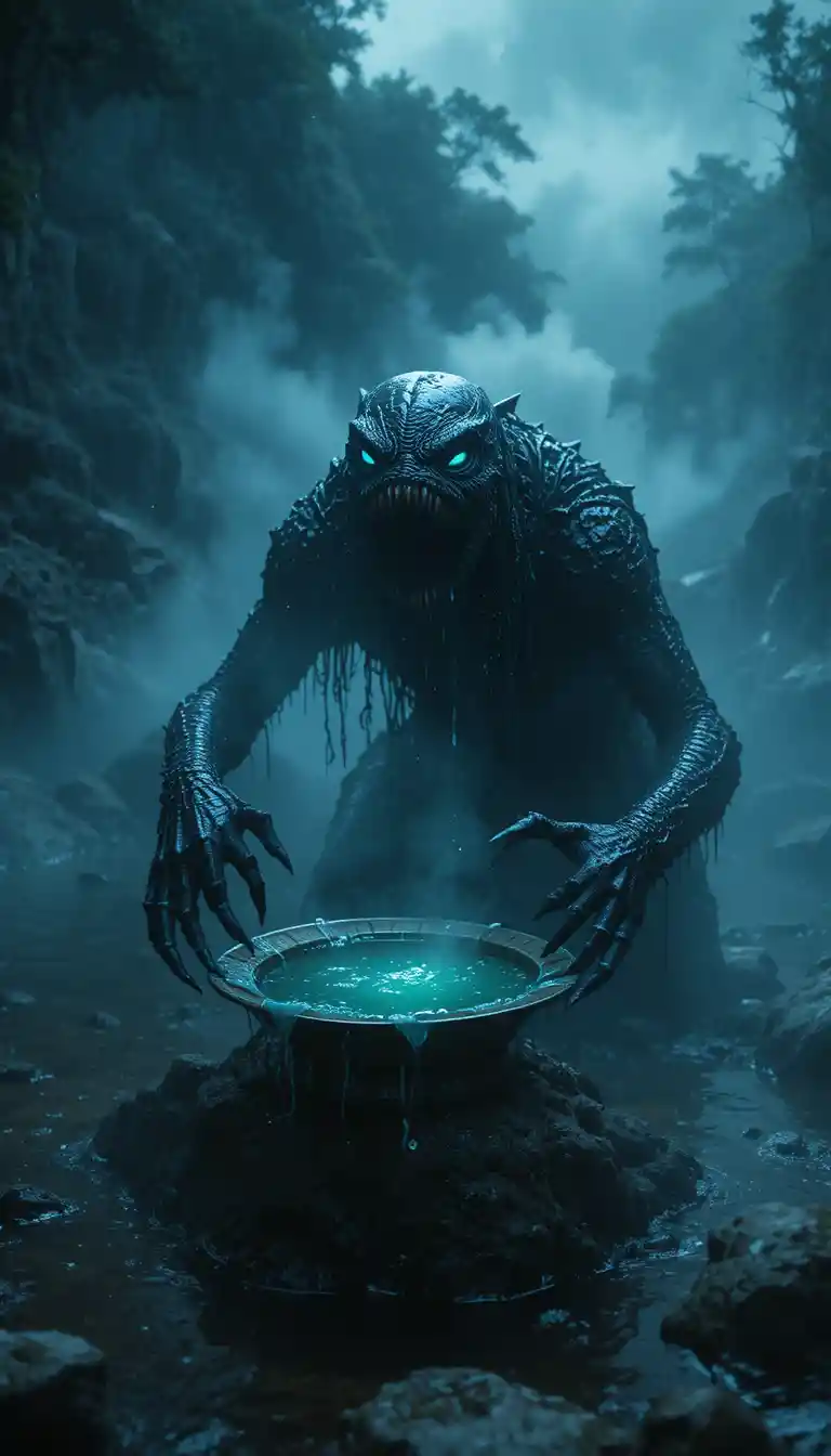 Kappa sinistro in agguato sotto un fiume oscuro e tetro
