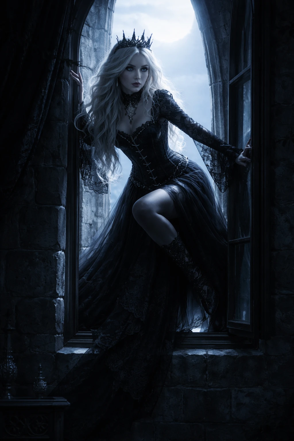 Gothic princess climbing through a moonlit castle window