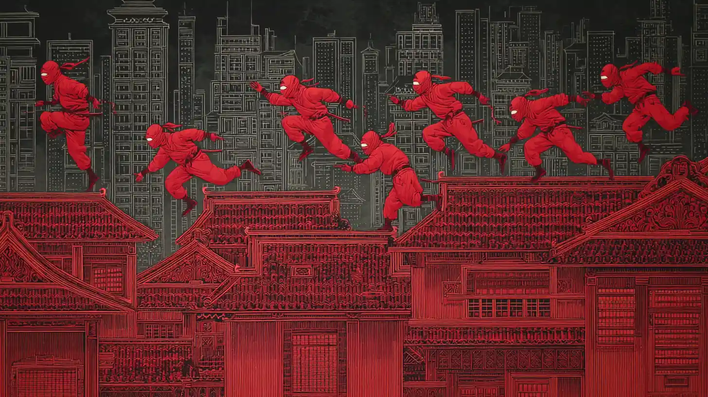 Ninjas de vermelho saltando pelos telhados de Nova York à noite
