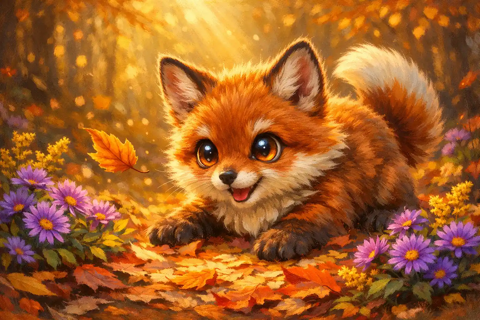 Playful baby fox in a colorful autumn forest painting
