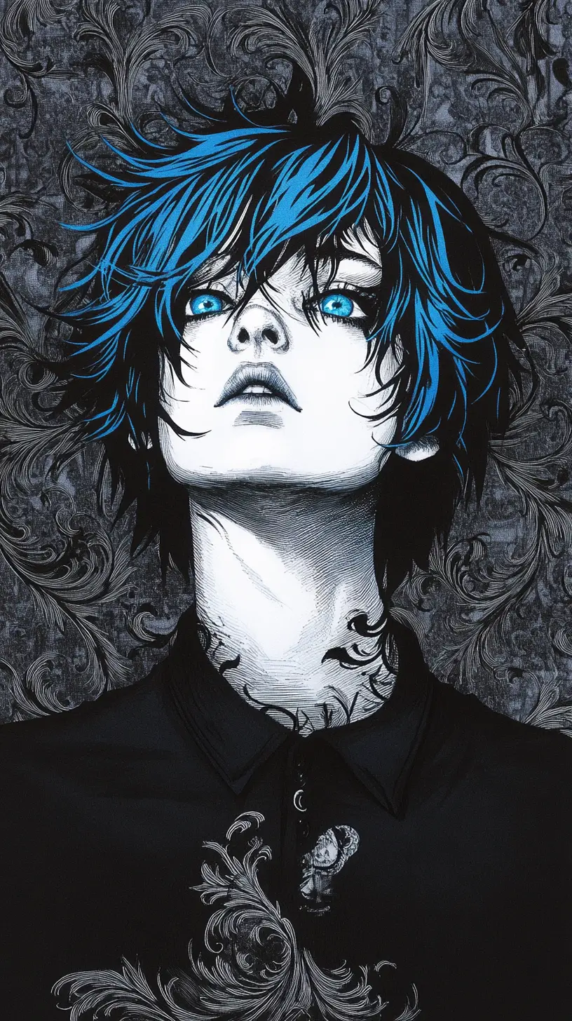 Retrato em mangá de uma garota andrógena de olhos azuis nas sombras