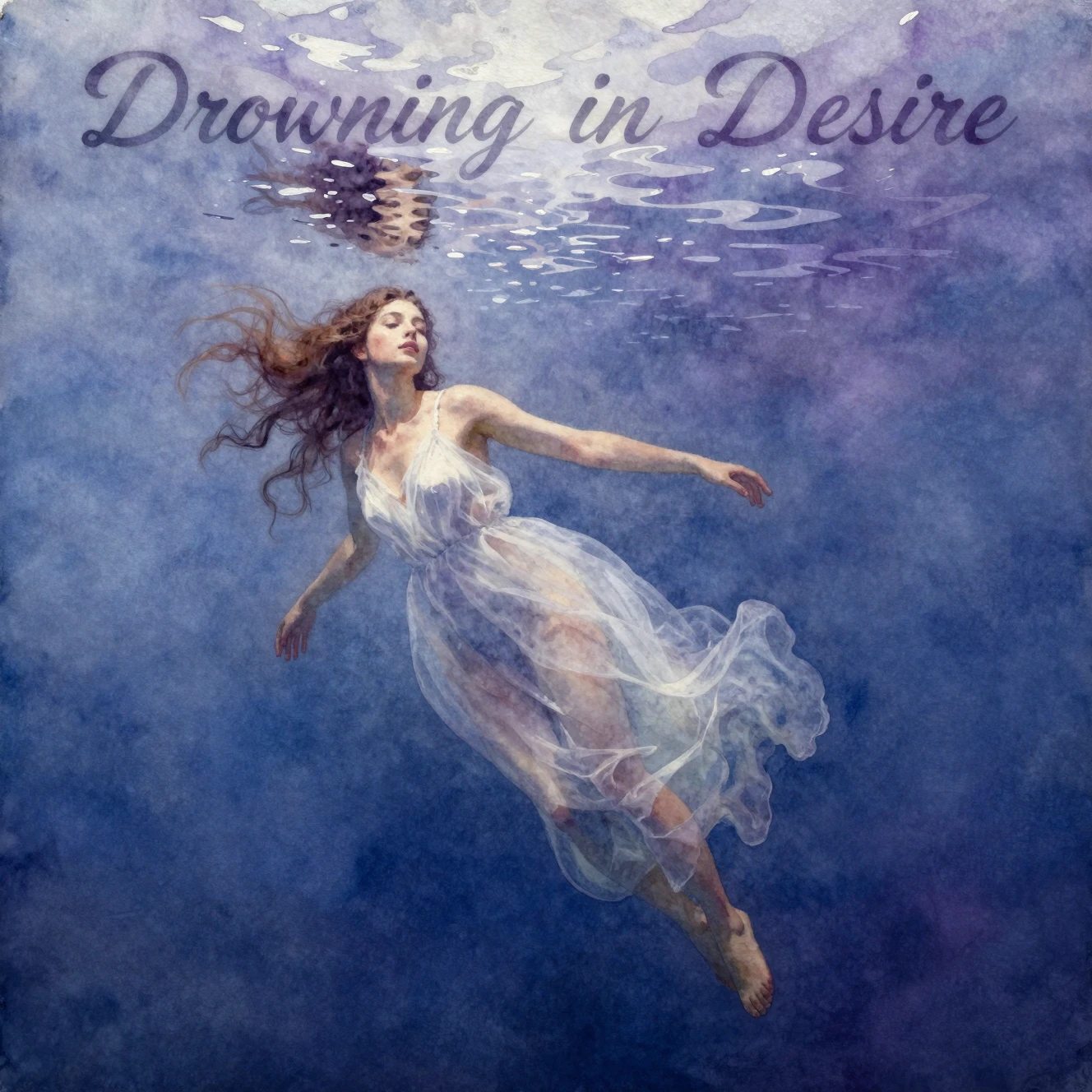 Watercolor girl drifting beneath dark indigo drowning water