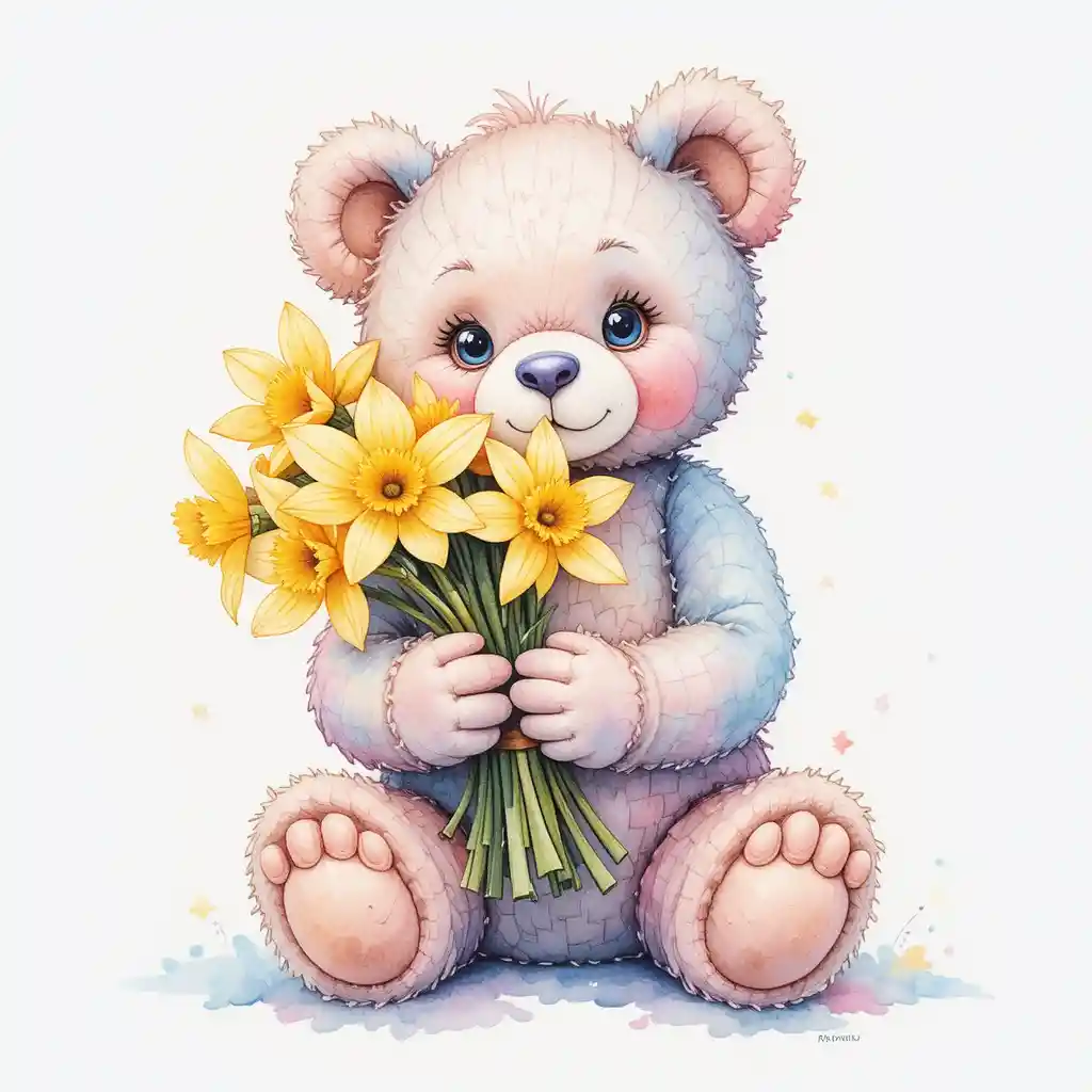 Osito de peluche patchwork en tonos pastel con ramo de narcisos amarillos