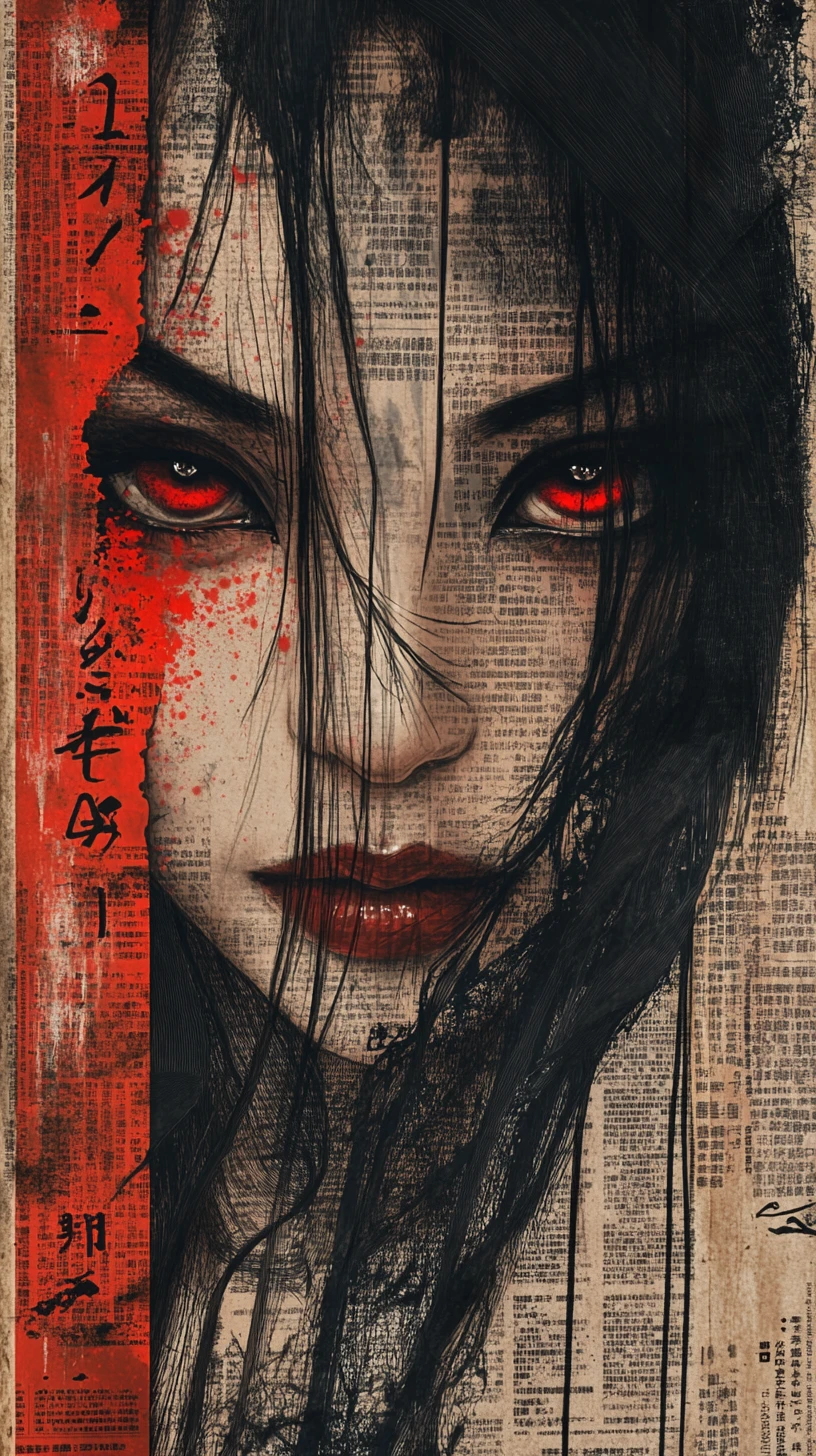 Intense red eyed woman portrait on vintage paper background