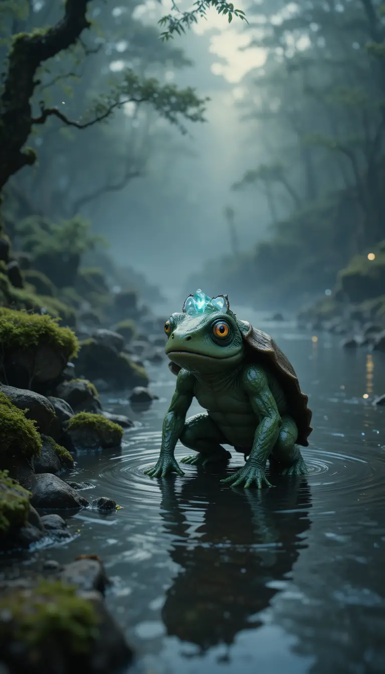 Spirito Kappa al Crepuscolo presso un Fiume Nebbioso nella Foresta