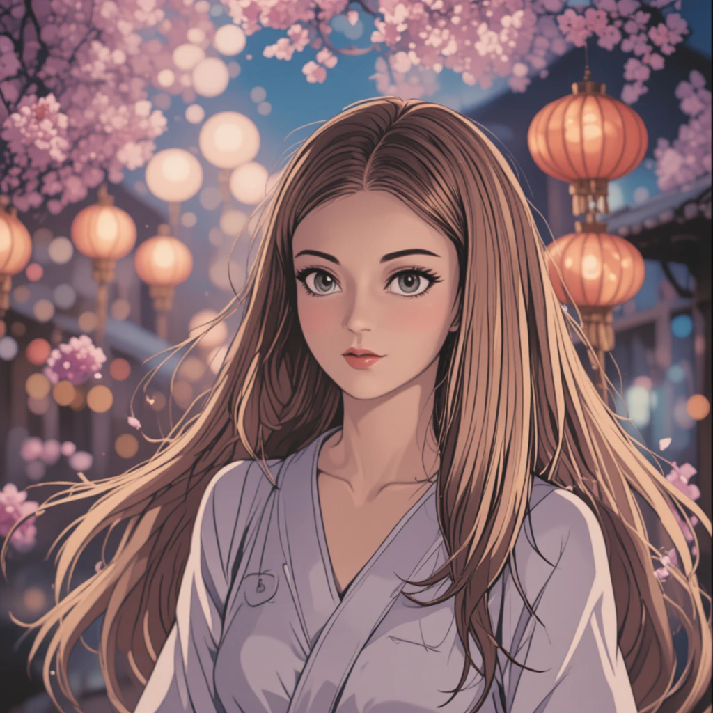 Anime girl with plum blossoms in warm festive light