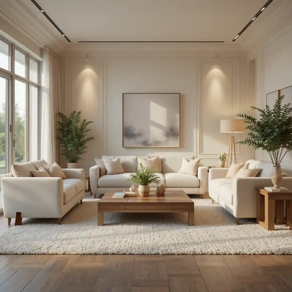 Warm modern living room with cream couches and wood table