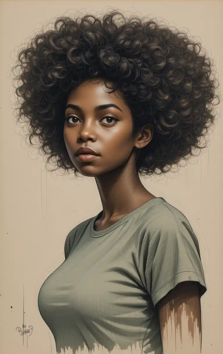 Joven mujer negra pensativa en retrato realista de busto