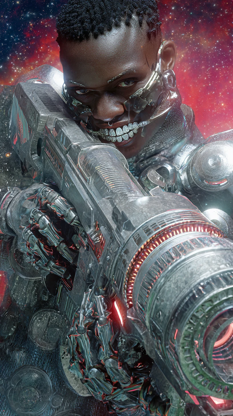 Assassino cyborg afrofuturista che spara con una massiccia arma sci-fi