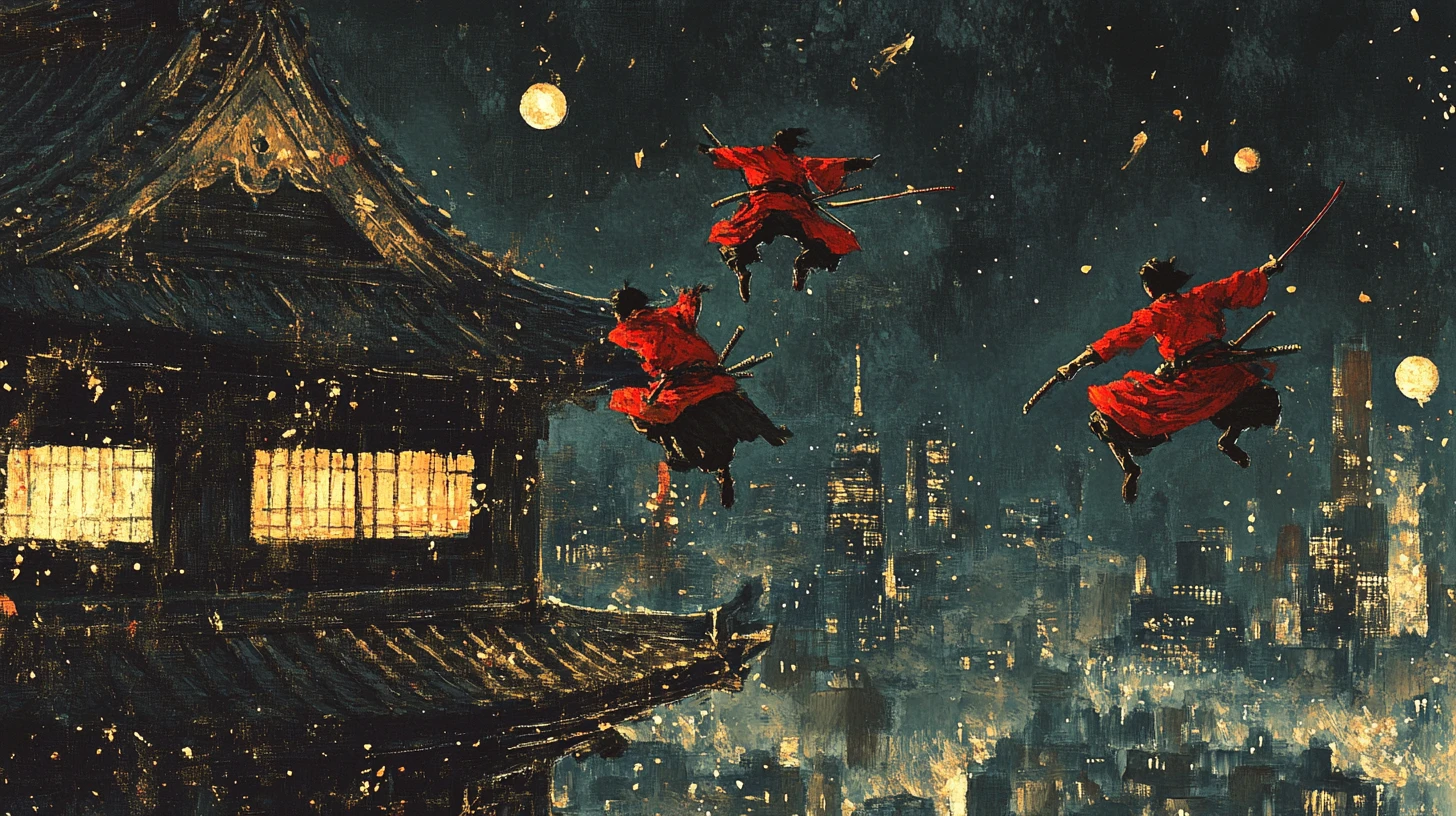 Ninjas de vermelho saltam pelos telhados de uma cidade noturna