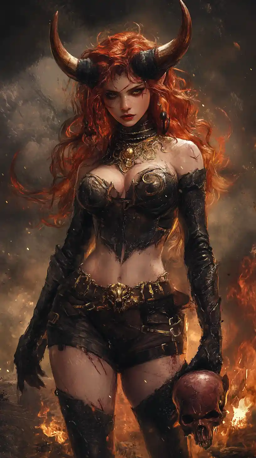 Female minotaur warrior leaping across a burning battlefield