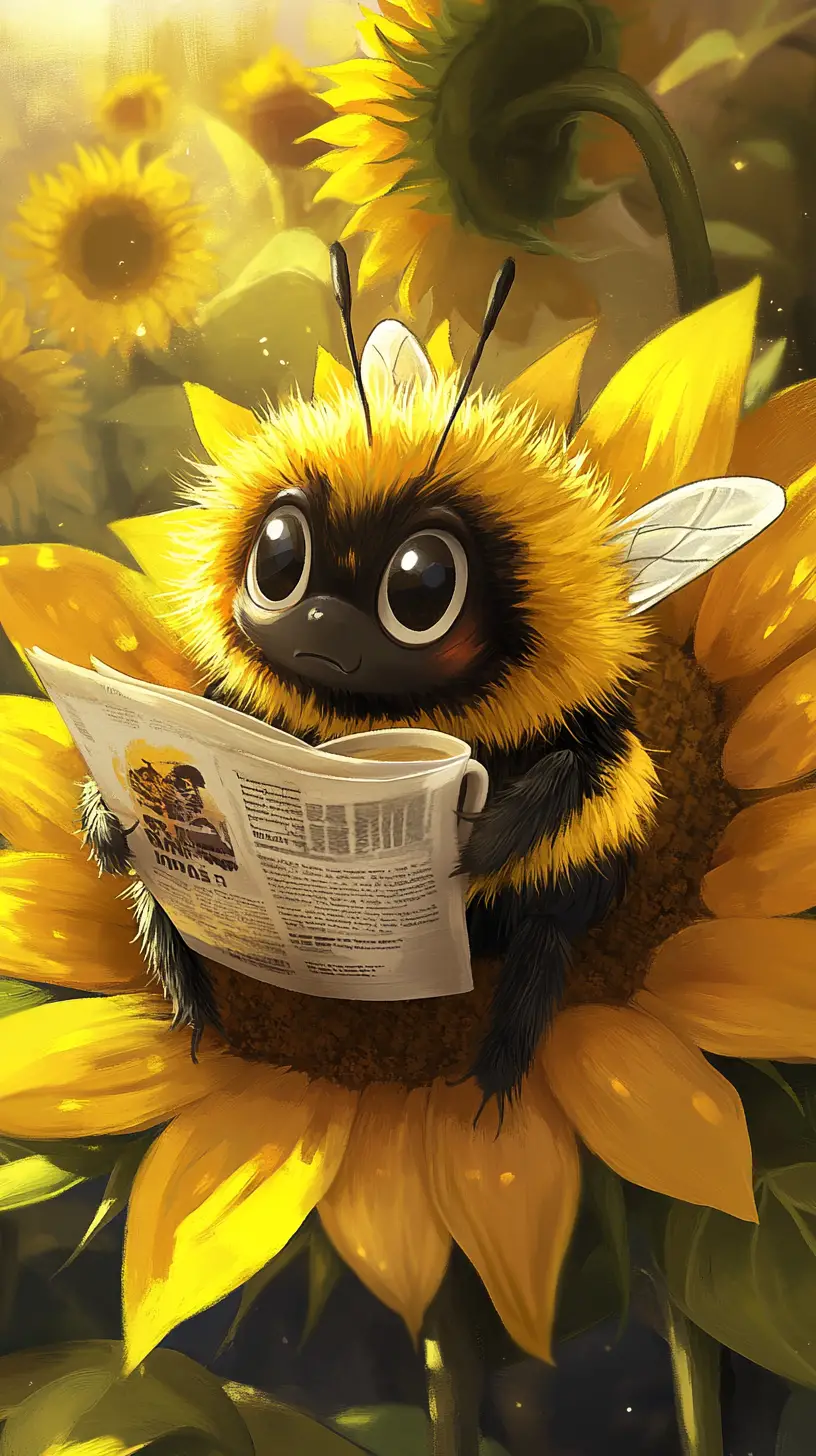 Grumpy cartoon bee reading on a bright sunflower