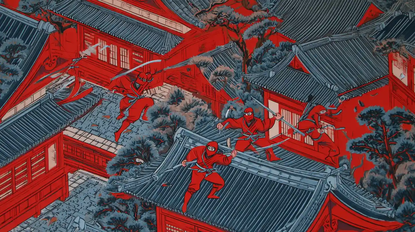 Ninja in rosso che saltano sui tetti di New York di notte