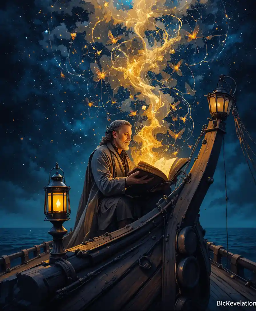 Solitary navigator reading a glowing spellbook at the bow