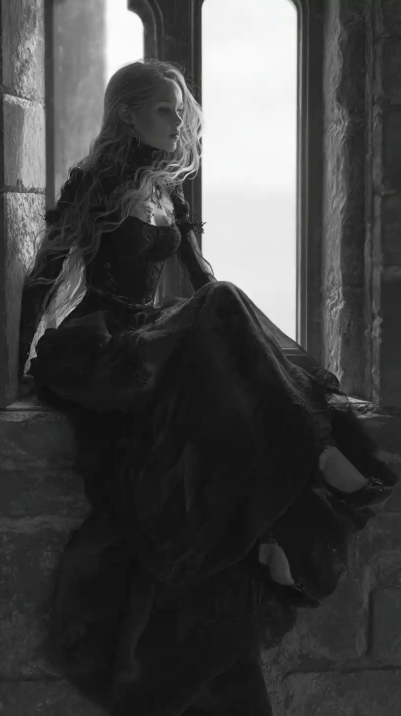 Gothic princess climbing from a moonlit castle window