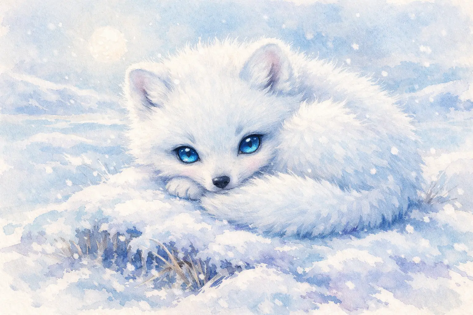 Baby arctic fox curled on snowy tundra in soft watercolor