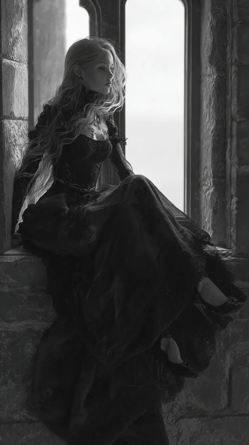 Gothic princess climbing from a moonlit castle window