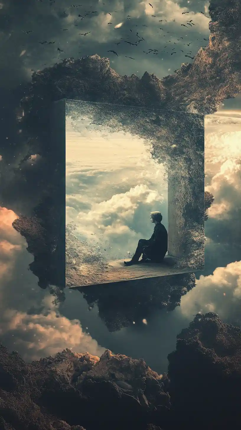 Figure trapped inside a boxed in world seeking escape