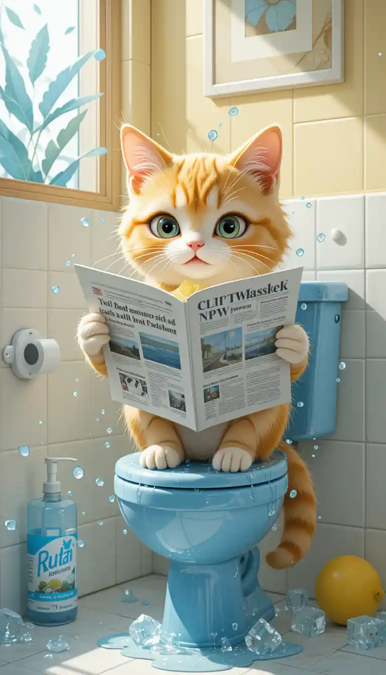 Cute golden cat reading on a blue toilet in bathroom