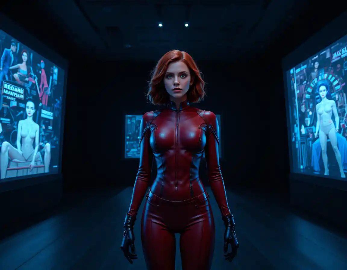 Conceptual portrait of a woman in red bodysuit under spotlights
