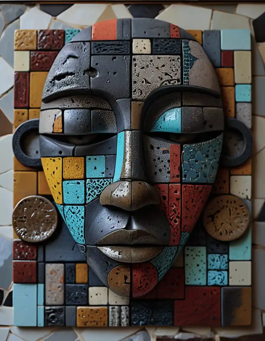 Colorful ceramic mosaic African tribal mask sculpture