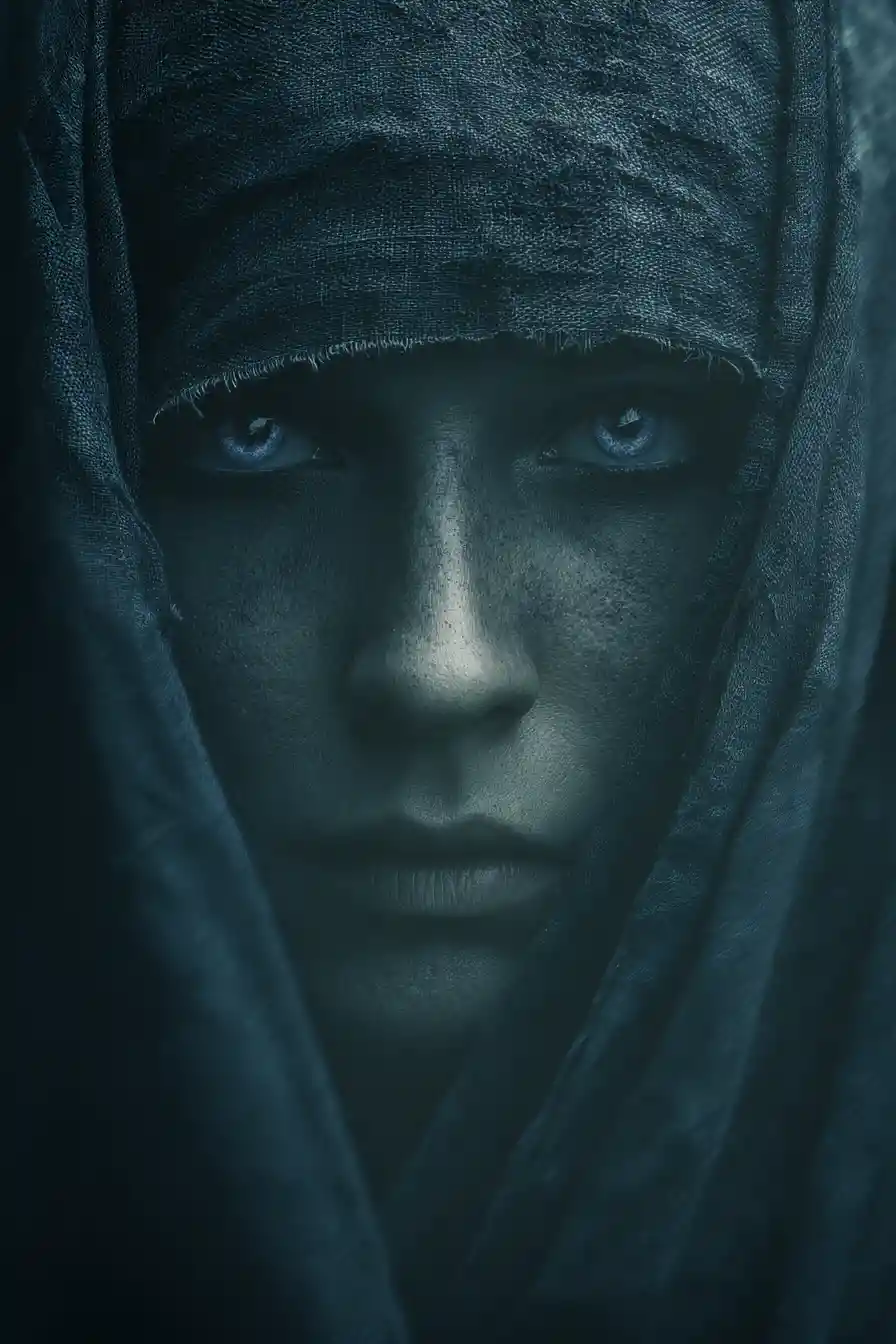 Dark fantasy woman with glowing white eyes in shadow