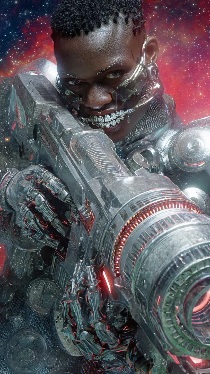 Assassin cyborg afrofuturiste tirant avec une arme de science-fiction massive