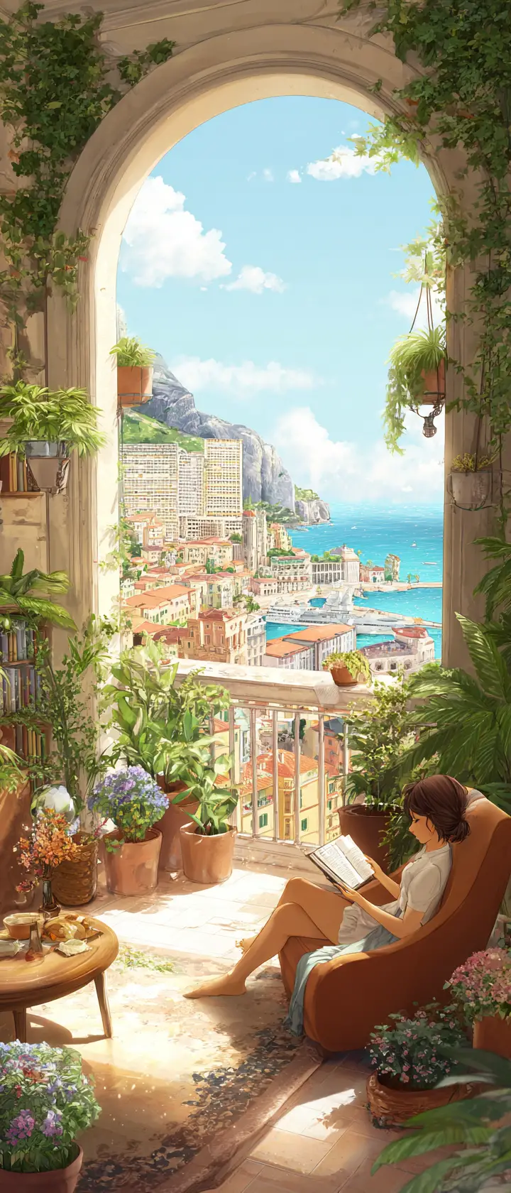Anime woman reading on a balcony living room in summer