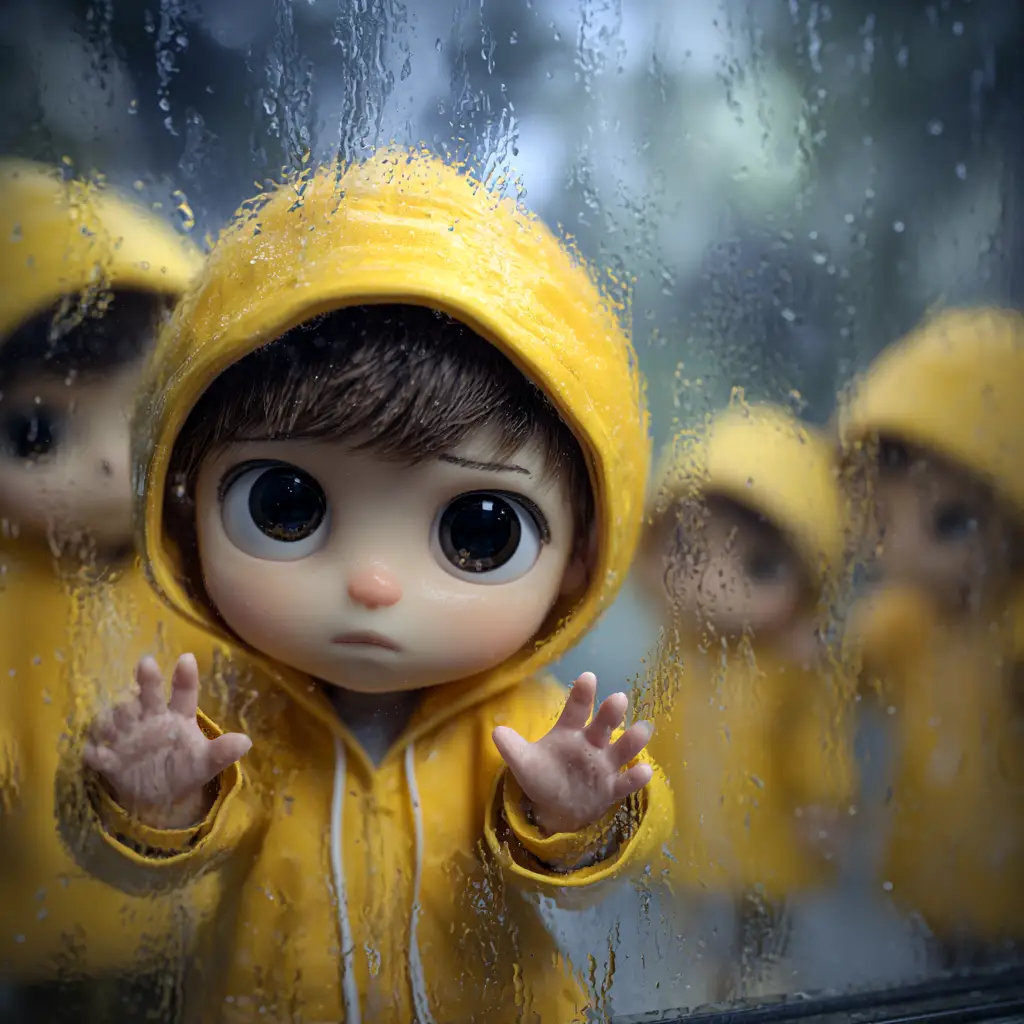 雨の窓越しの黄色いレインコートの男の子