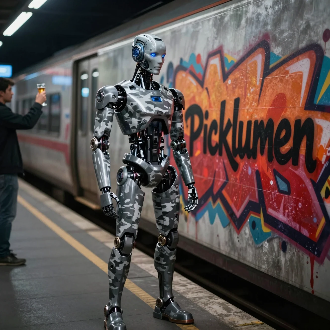 Futuristic robot admiring graffiti in a dim train station