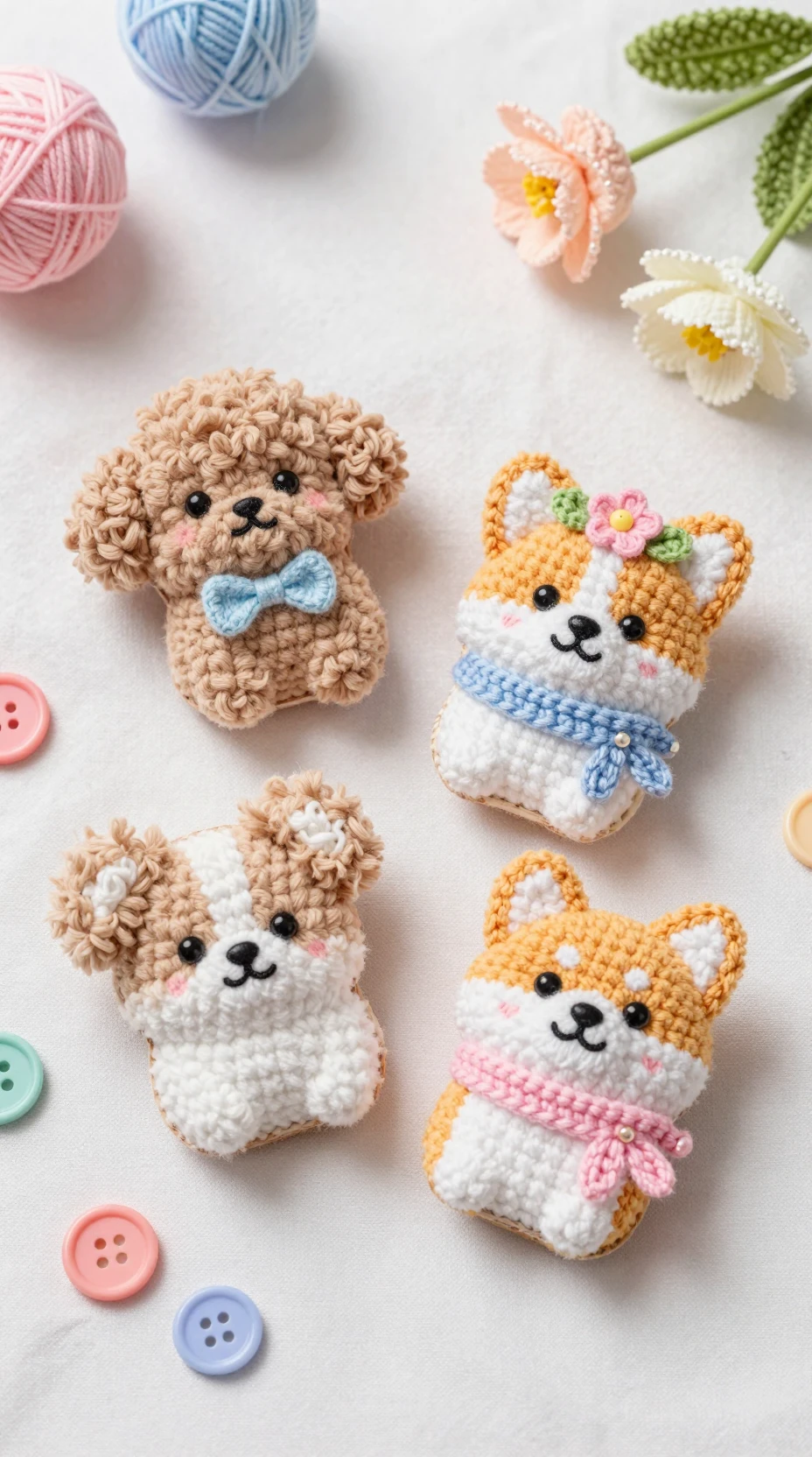 Fluffy crochet dog brooches with cute accessories on pastel fabric