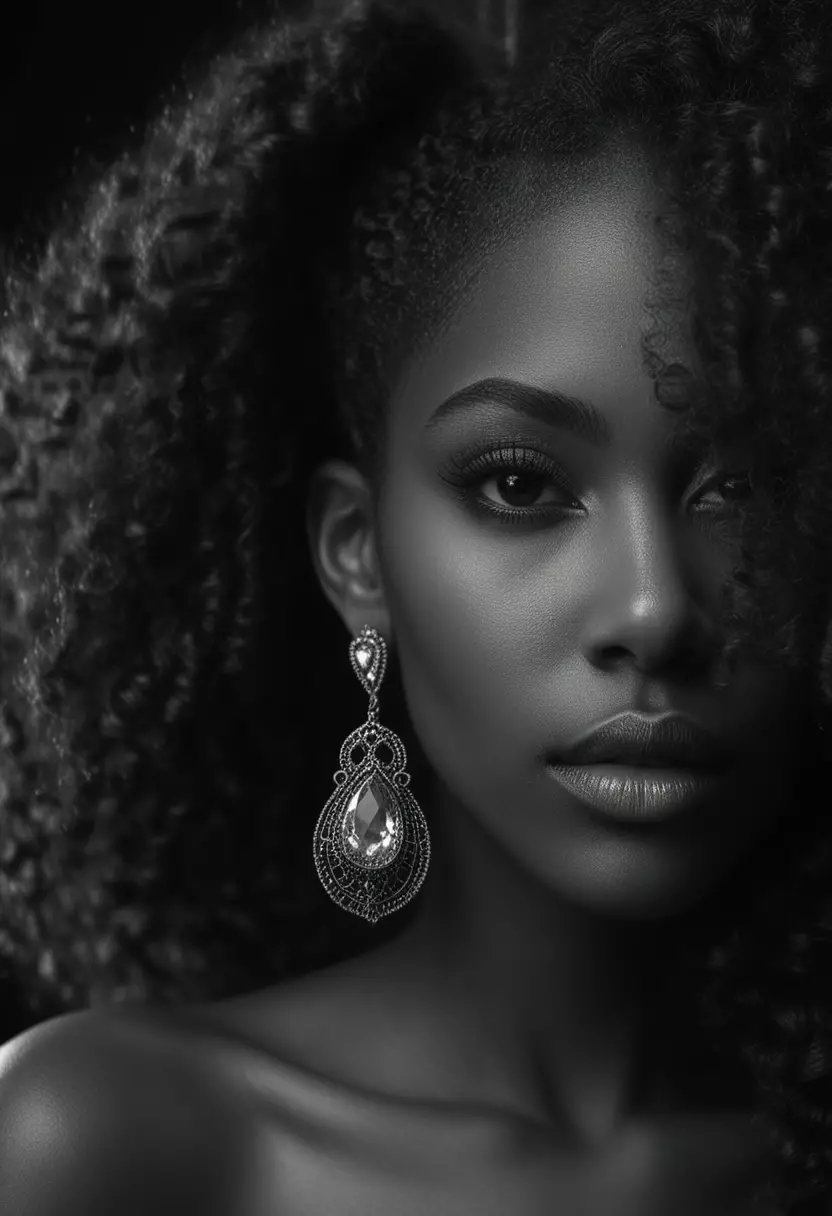Retrato de belleza en blanco y negro de una mujer con cabello afro