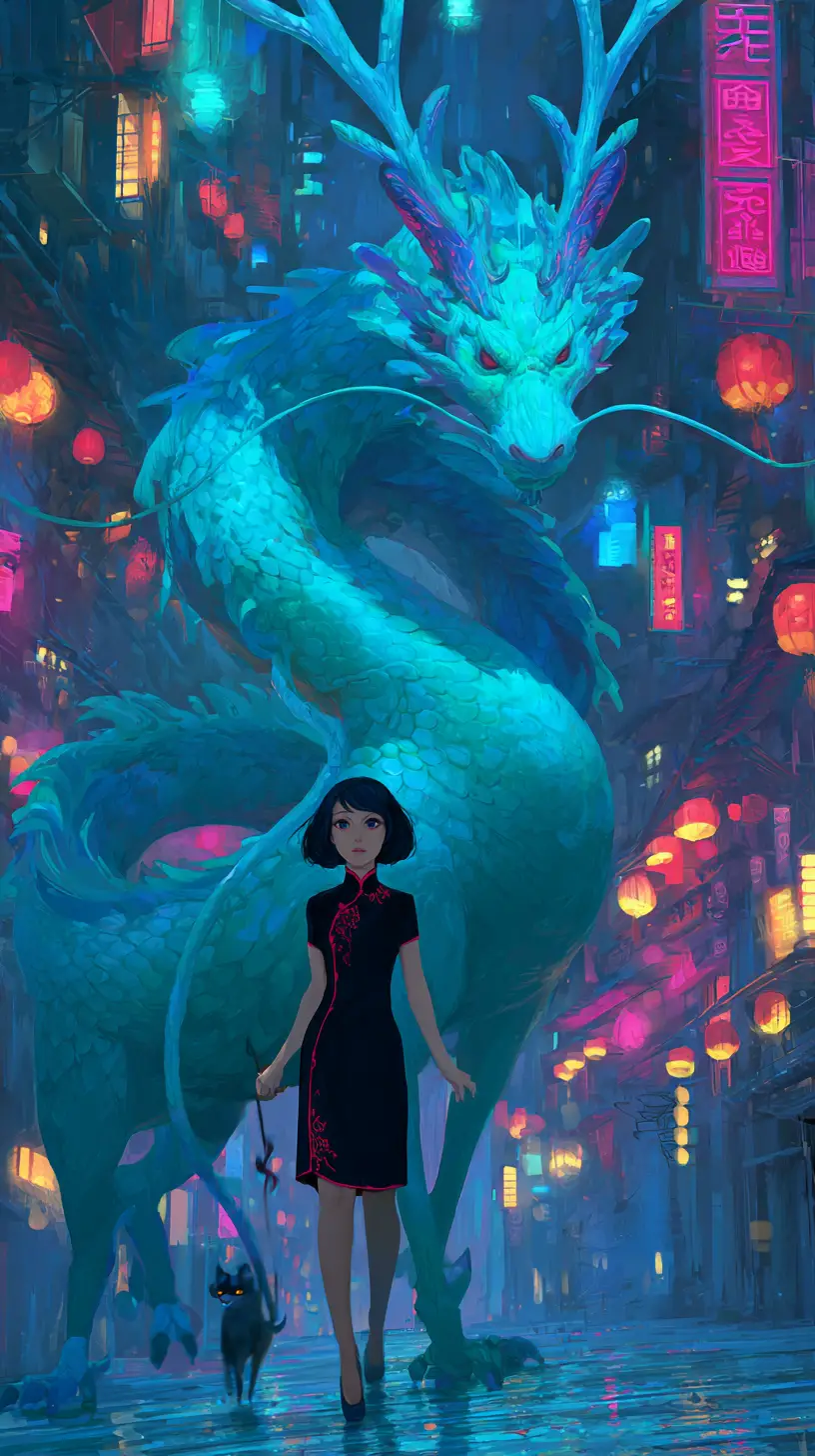 Chinese dragon above neon cyberpunk Shanghai street