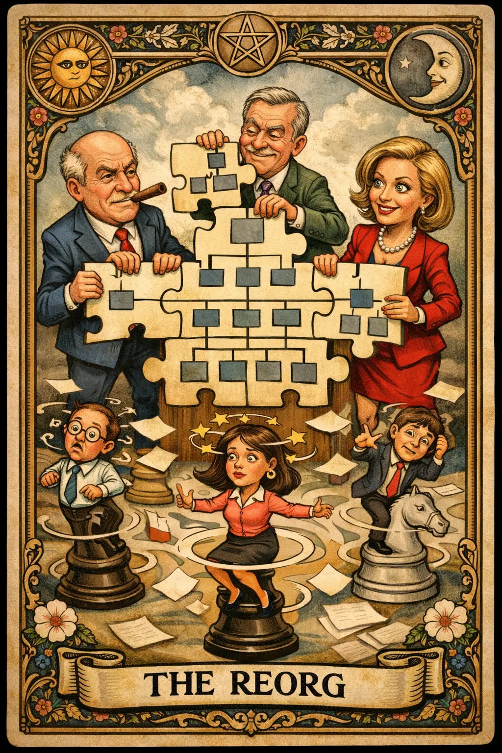 Carta de tarot corporativa con ejecutivos que reconfiguran la jerarquía de la oficina
