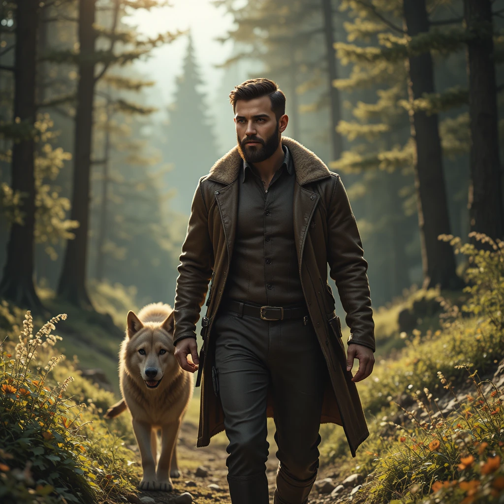 Joven barbudo caminando por un campo con un lobo