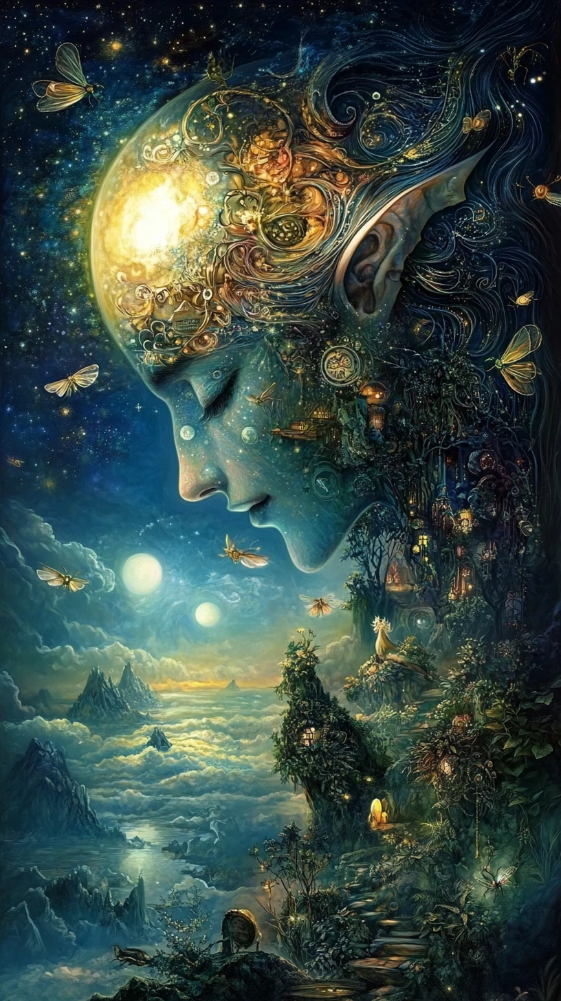 Elfo cosmico che vaga in un paesaggio fantasy nebbioso illuminato dalla luna