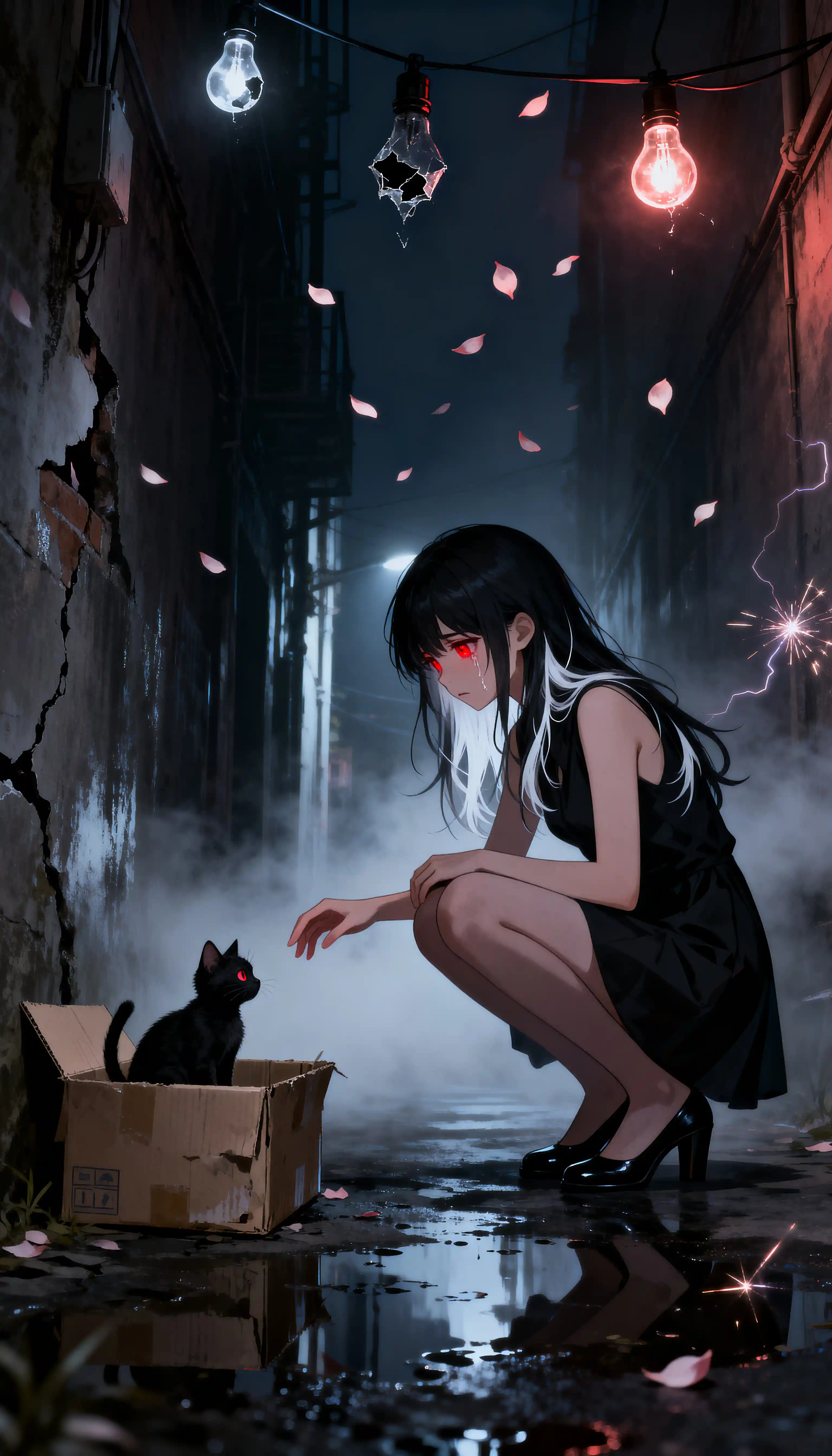 Lonely anime girl reaching toward a black kitten at night