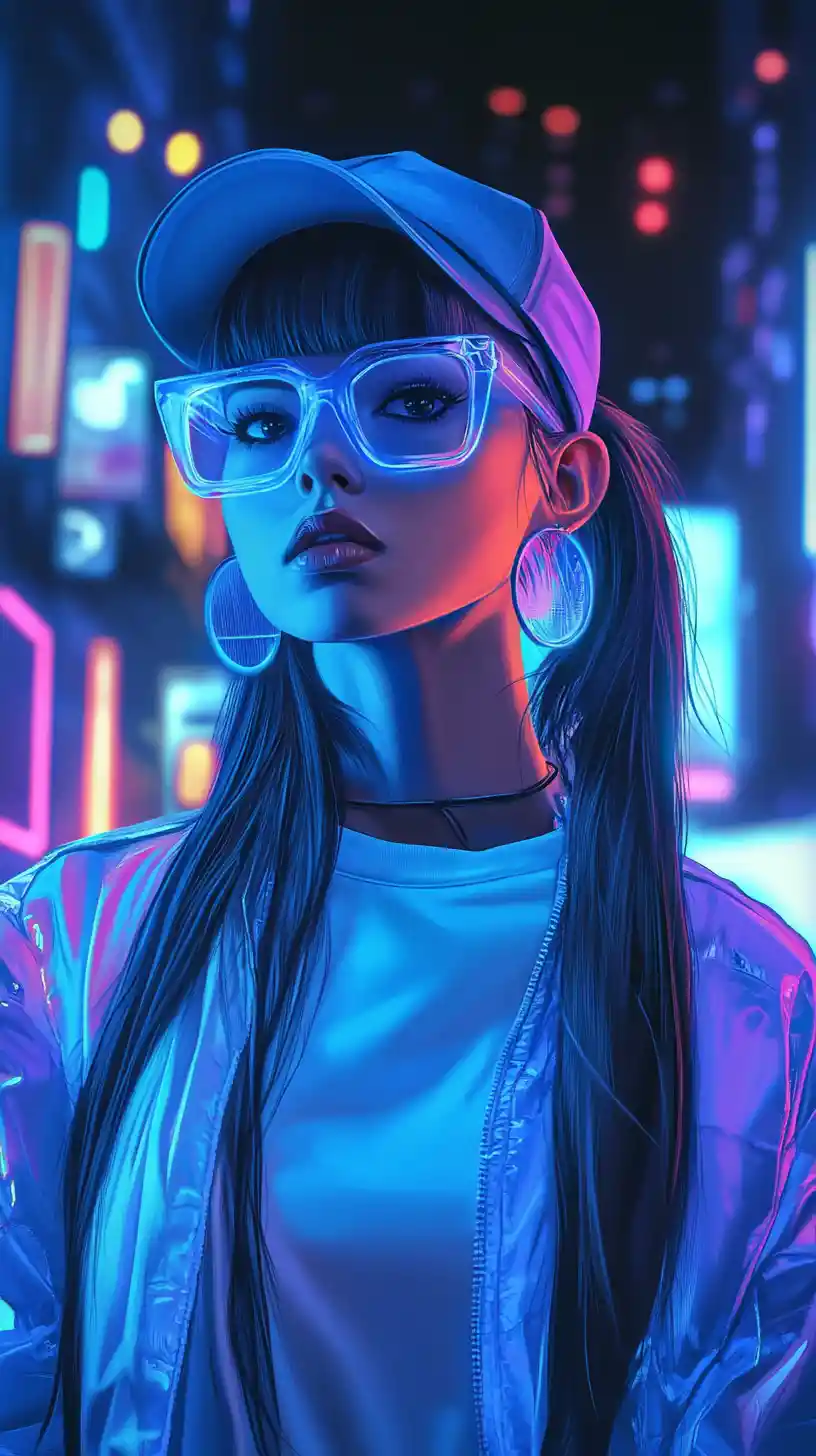 Energiegeladenes Mädchen in neoner blauer Jacke in digitaler Stadtlandschaft