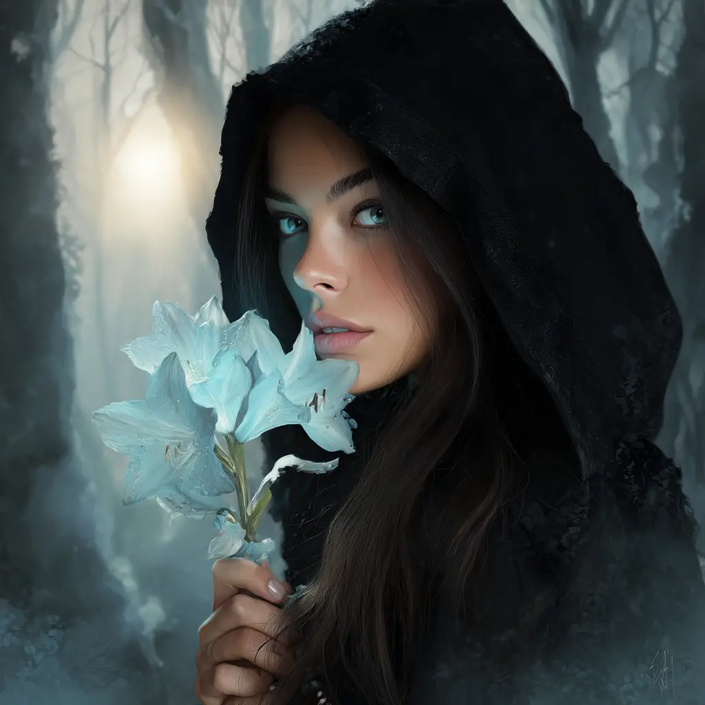 Mujer encapuchada con ojos brillantes que sostiene una flor azul
