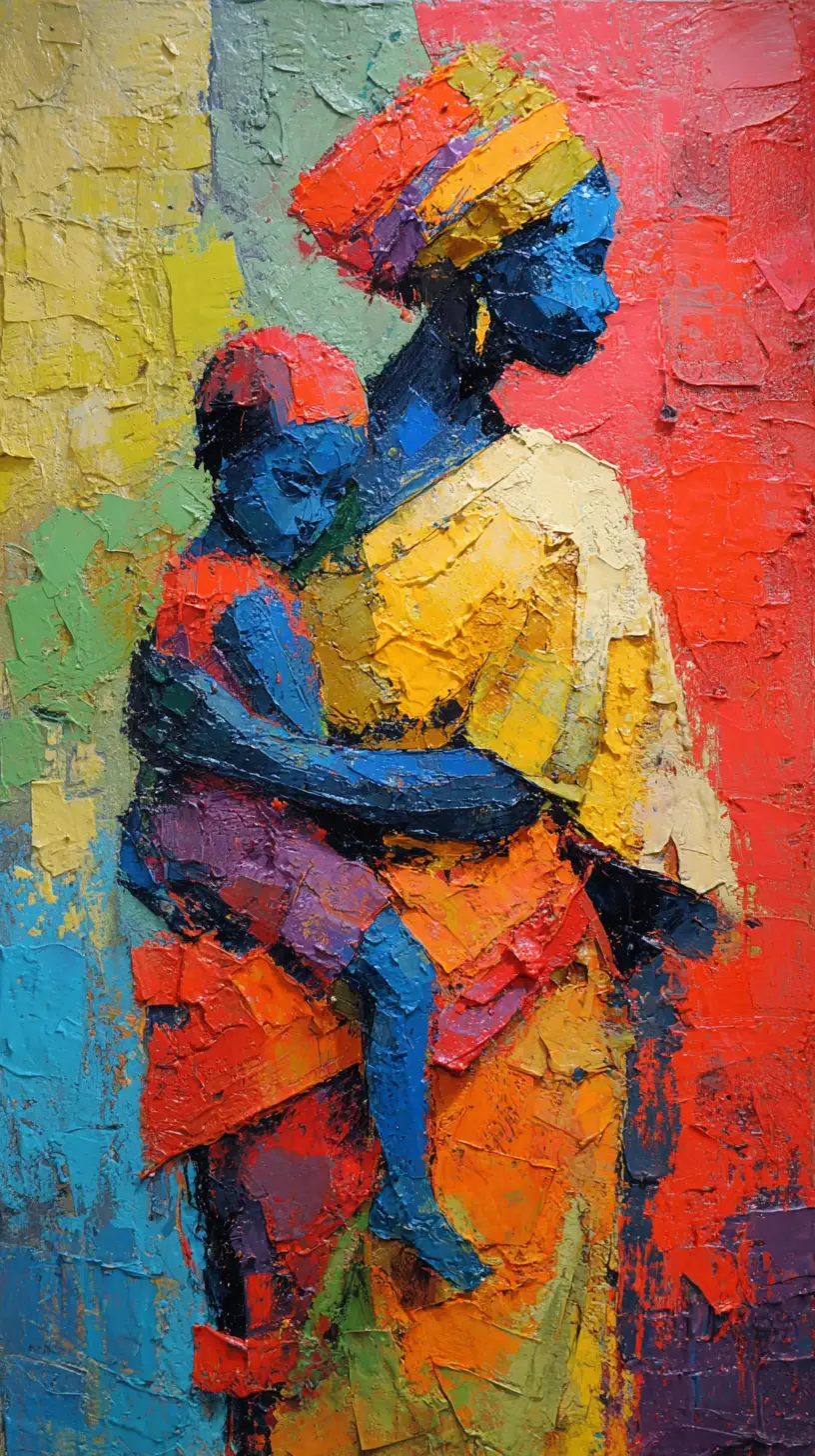 Expressive figurative painting of a strong woman carrying a child
