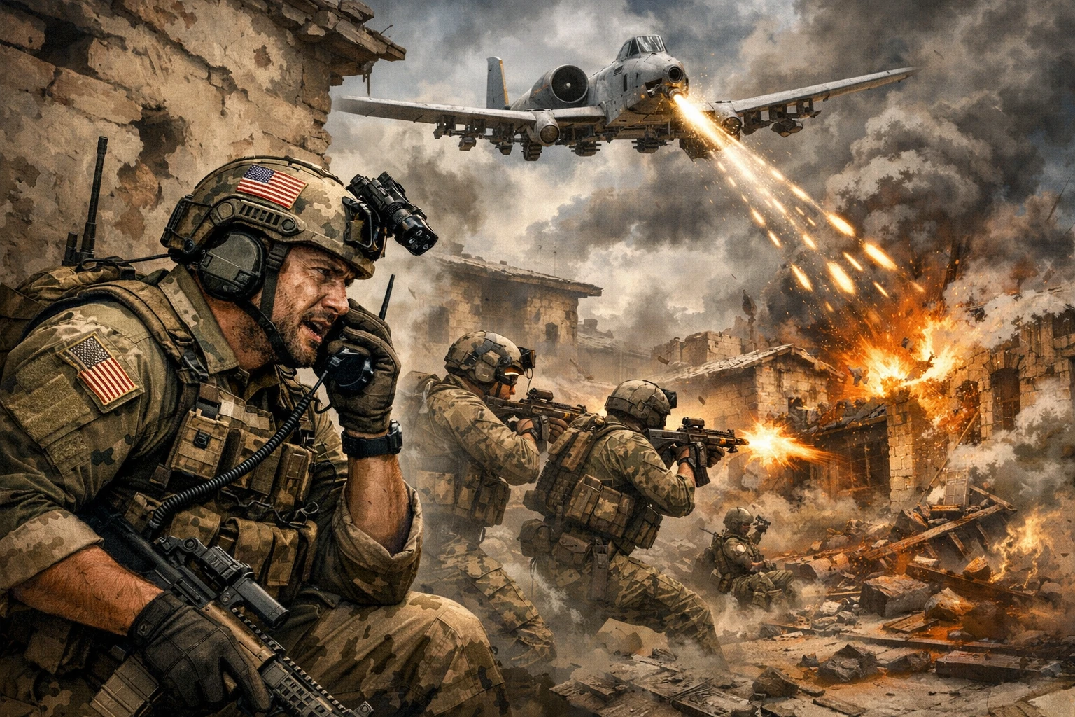 Special forces team fighting in a village under A 10 support
