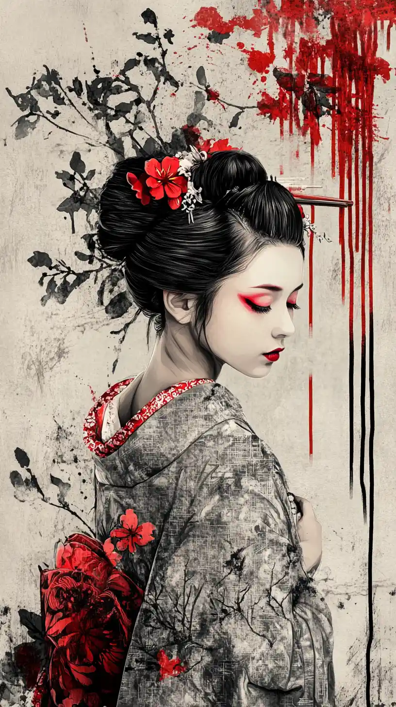Ritratto di geisha in kimono grigio con dettaglio di fiore rosso