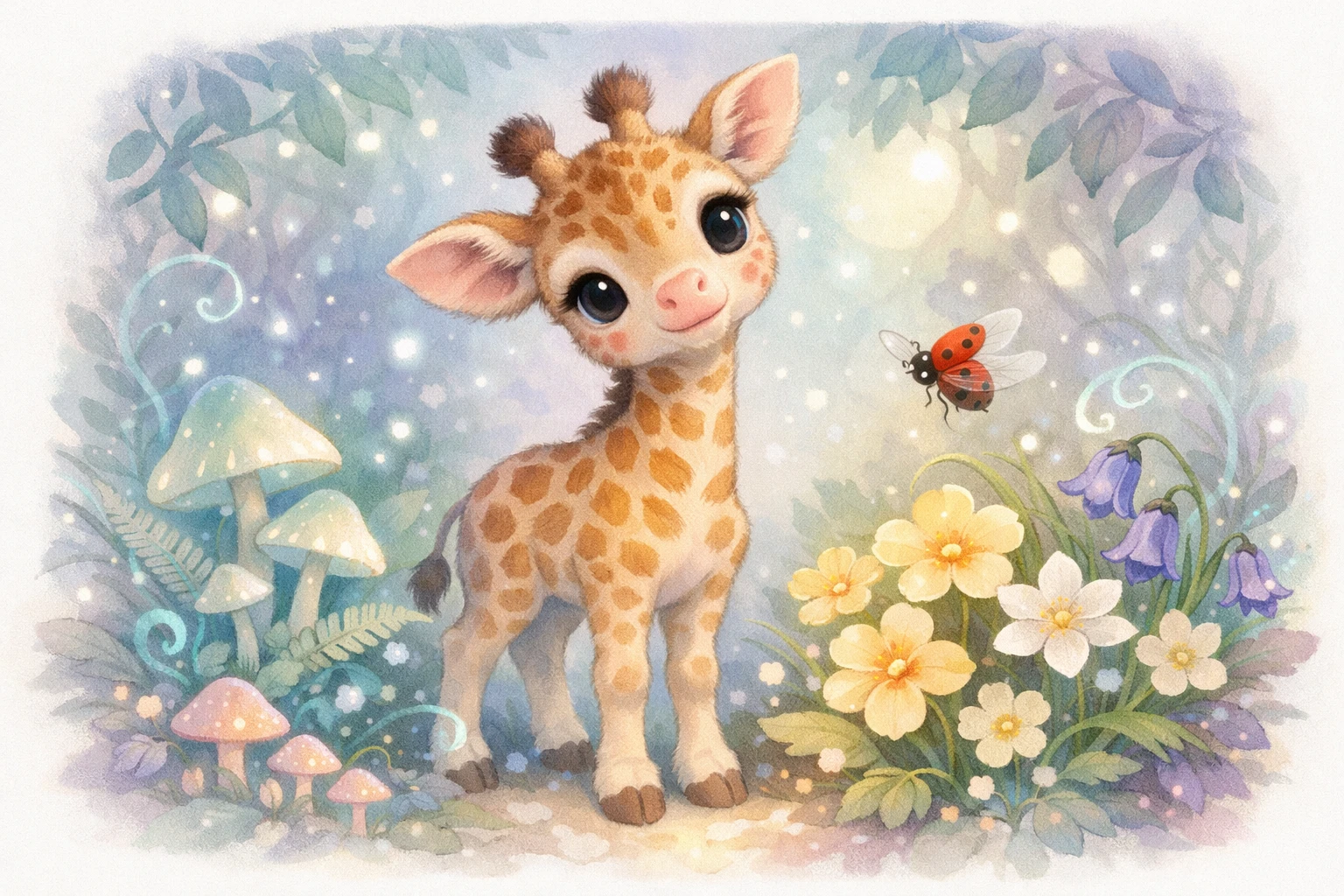 Ilustração de filhote de girafa em quarto infantil de floresta encantada