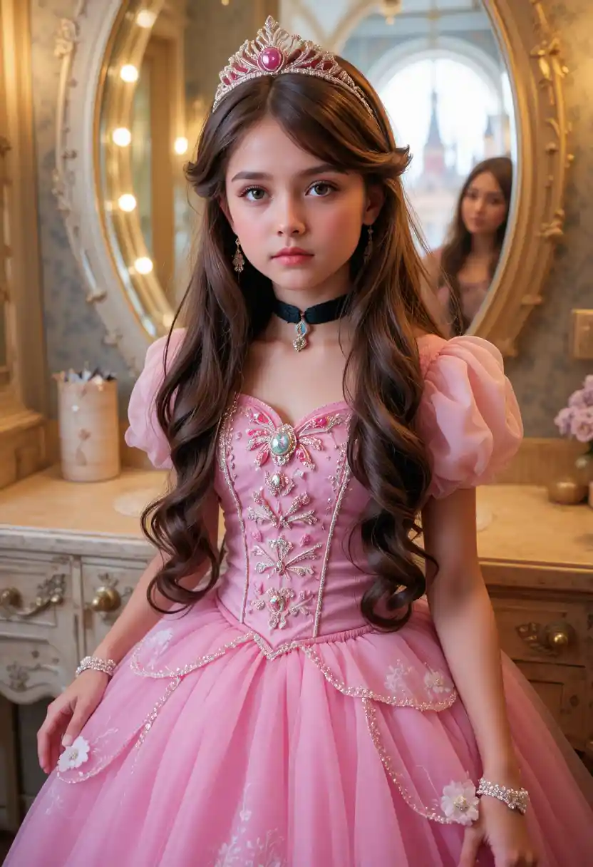 Tween als Prinzessin an einem Disney-Schminktisch