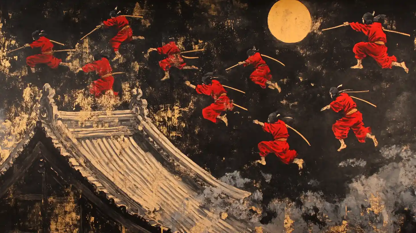 Ninja in rosso che saltano tra i tetti di notte